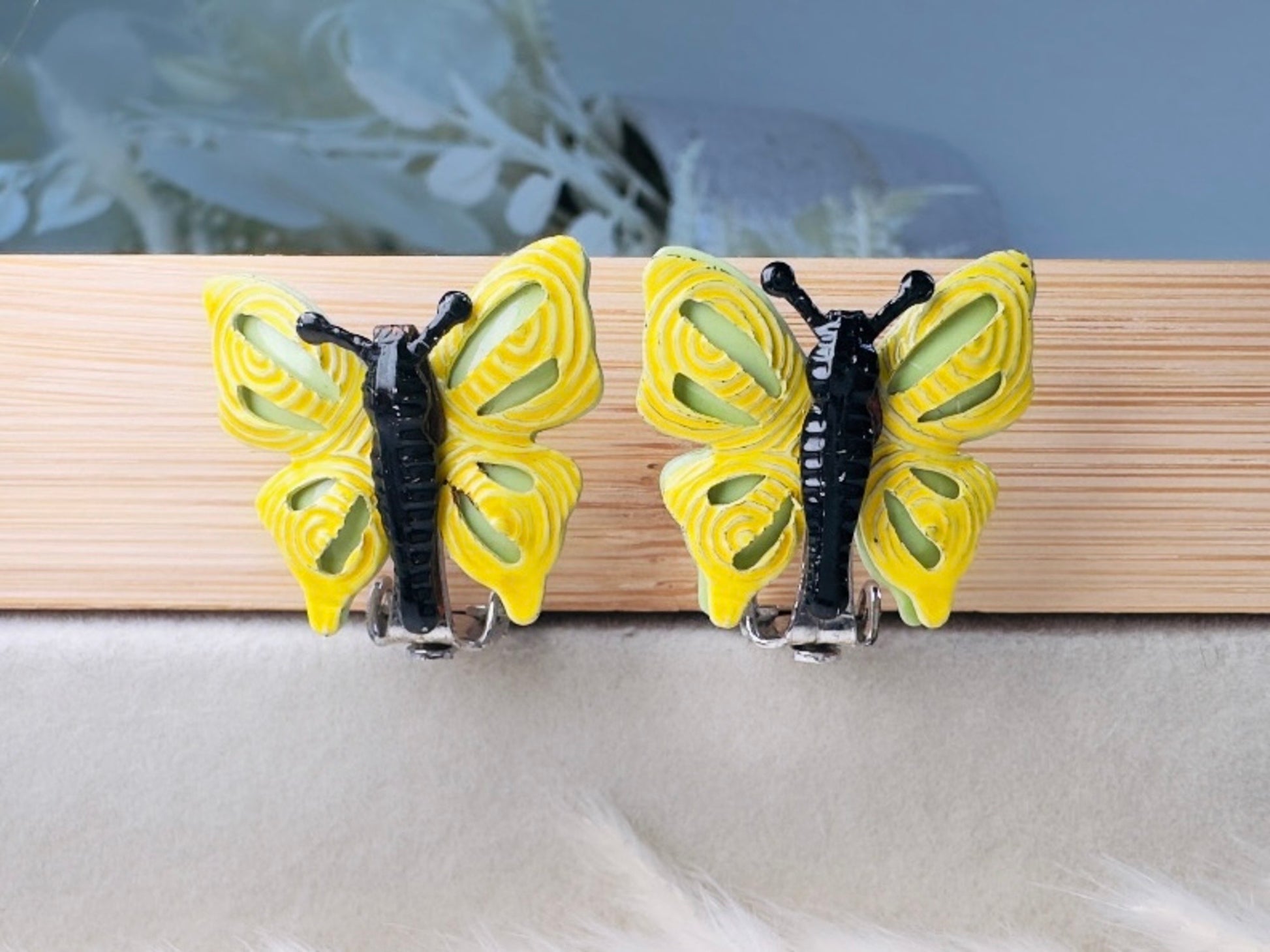 Yellow Butterfly Earrings, Whimsical 70s Vintage Enamel Clip On Earrings