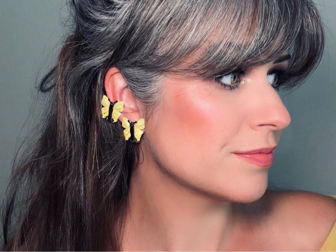 Yellow Butterfly Earrings, Whimsical 70s Vintage Enamel Clip On Earrings