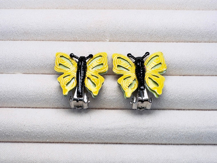 Yellow Butterfly Earrings, Whimsical 70s Vintage Enamel Clip On Earrings