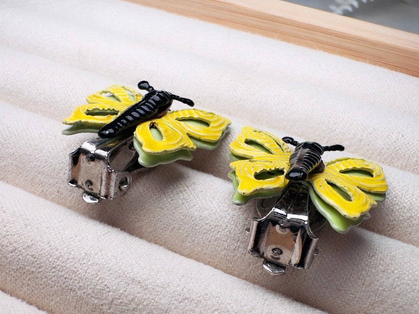 Yellow Butterfly Earrings, Whimsical 70s Vintage Enamel Clip On Earrings