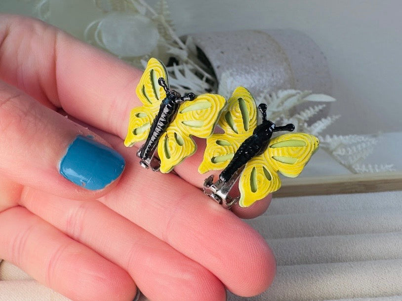 Yellow Butterfly Earrings, Whimsical 70s Vintage Enamel Clip On Earrings
