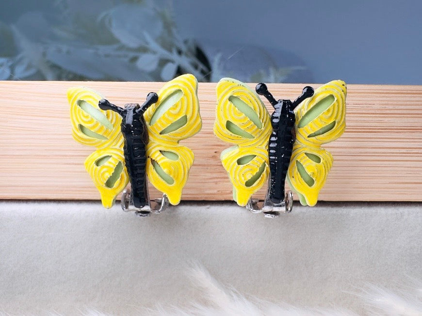Yellow Butterfly Earrings, Whimsical 70s Vintage Enamel Clip On Earrings