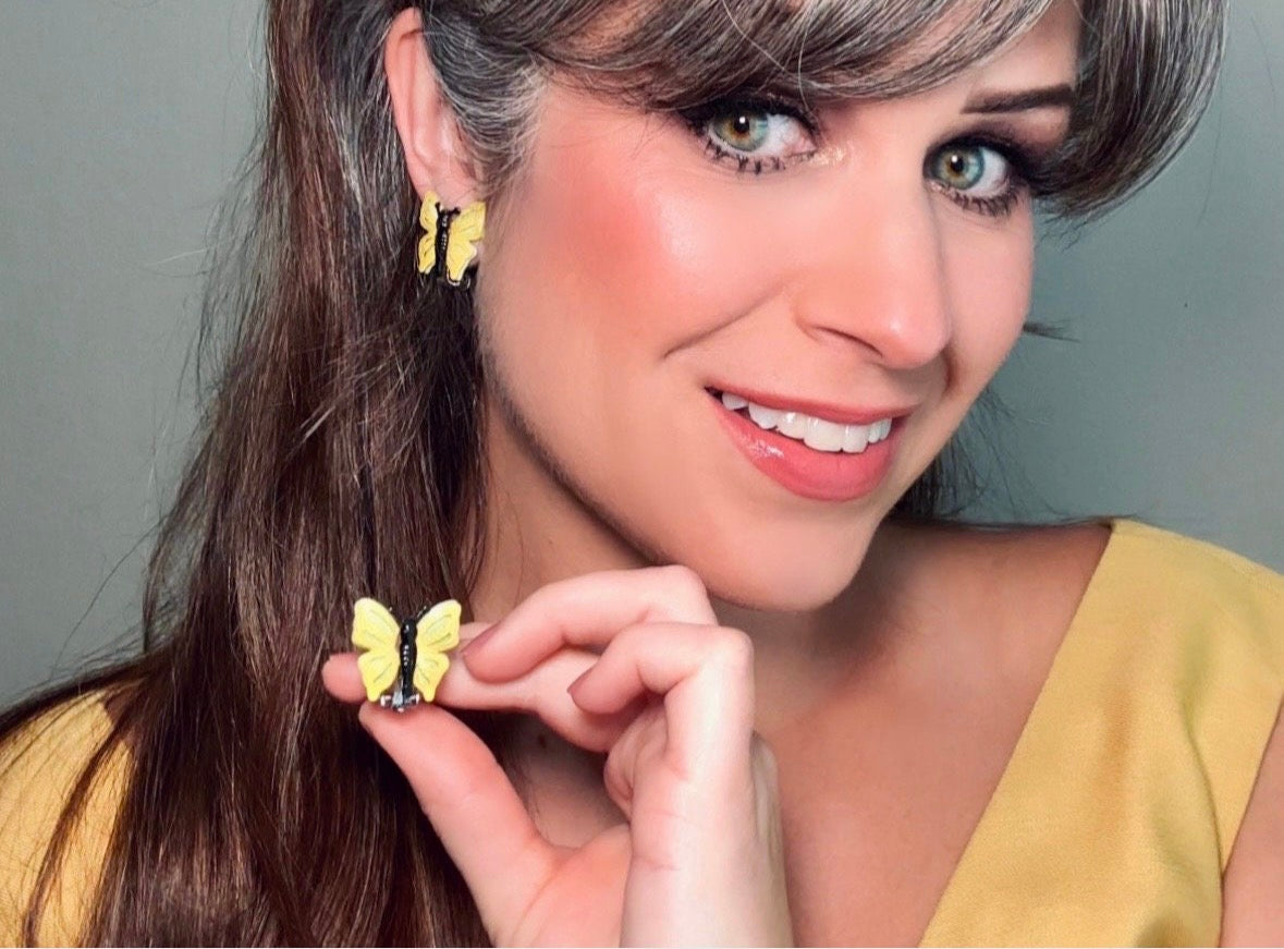 Yellow Butterfly Earrings, Whimsical 70s Vintage Enamel Clip On Earrings