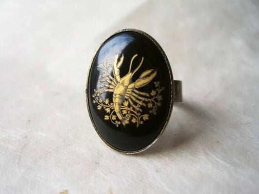 Zodiac Cancer Ring, Black Vintage Astrology Glass Cameo Ring with Gold Etching, Adjustable Thick Antique Bronze Band