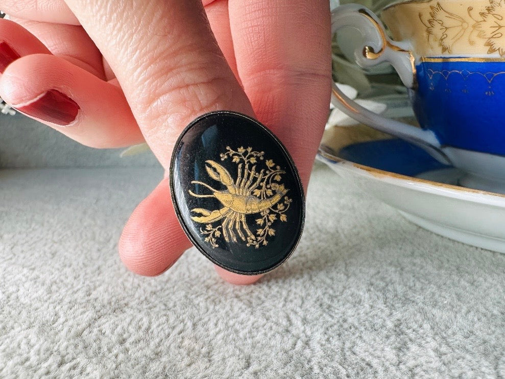 Zodiac Cancer Ring, Black Vintage Astrology Glass Cameo Ring with Gold Etching, Adjustable Thick Antique Bronze Band