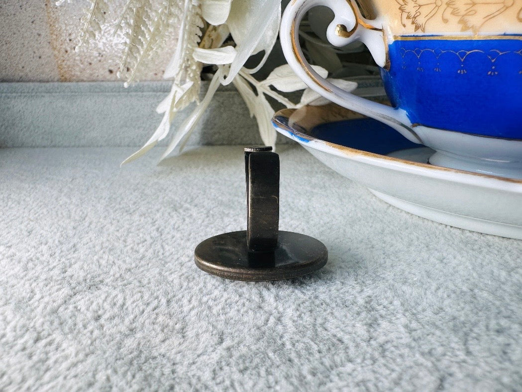 Zodiac Cancer Ring, Black Vintage Astrology Glass Cameo Ring with Gold Etching, Adjustable Thick Antique Bronze Band