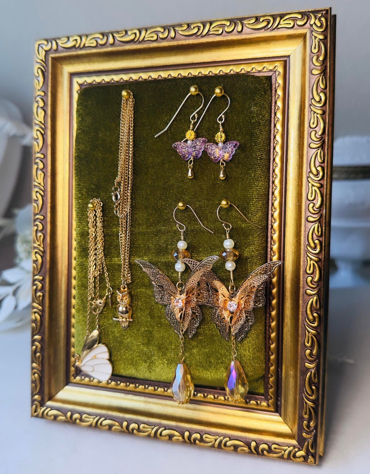 Velvet Jewelry Display Frame, Handmade Victorian Style Olive Green Board- Flat with Pins
