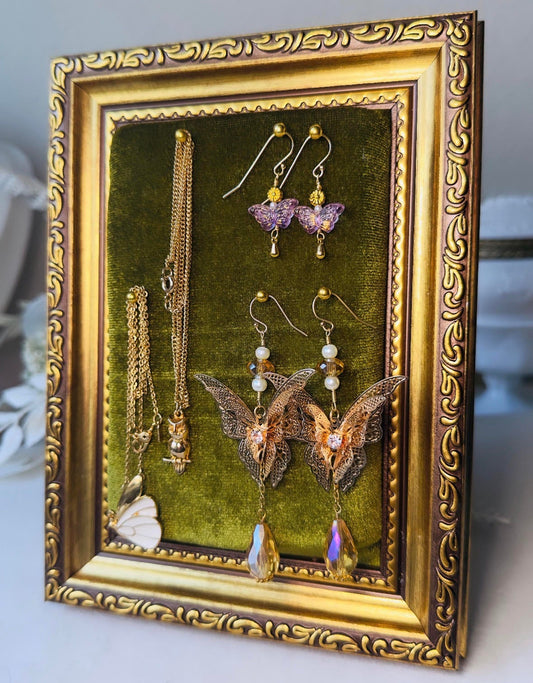 Velvet Jewelry Display Frame, Handmade Victorian Style Olive Green Board- Flat with Pins