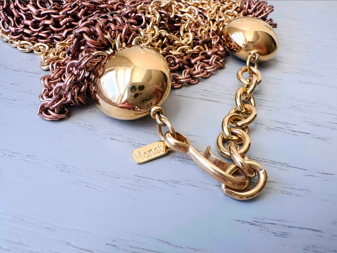 hang tag high End Designer Vintage Monet Torsade Necklace, Mixed Metals Multi-strand Statement Necklace