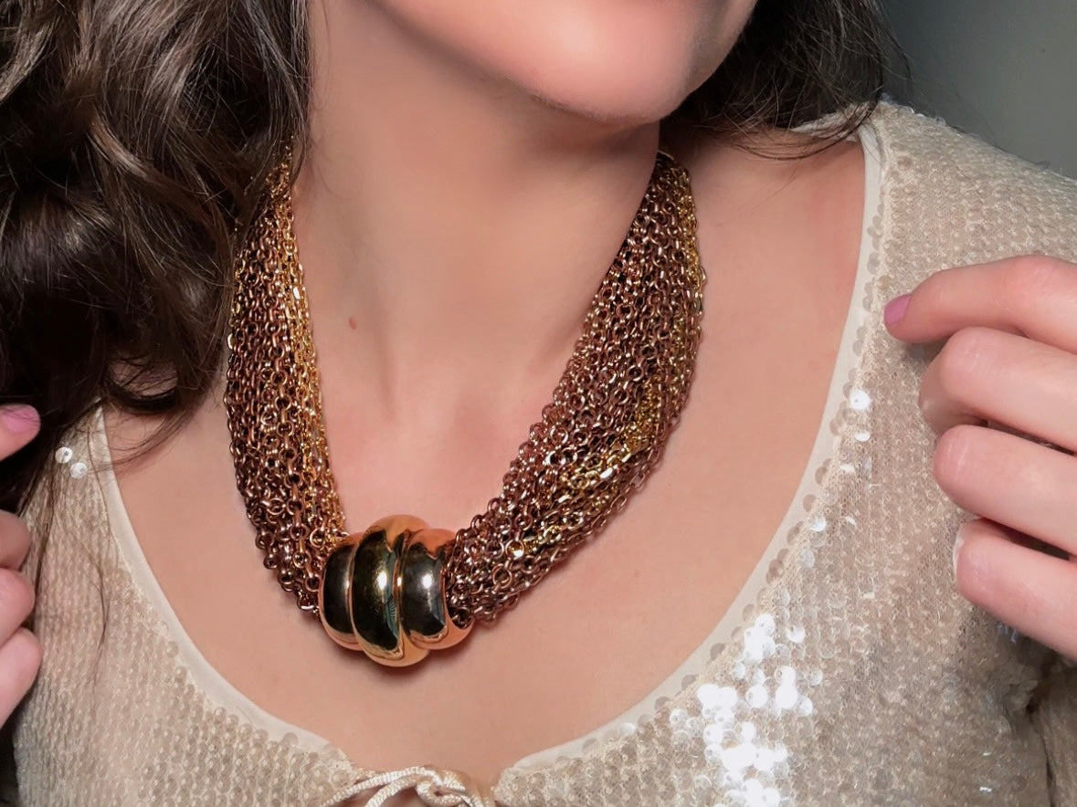 modelled by Bethan Jayne of Piggle and Pop high End Designer Vintage Monet Torsade Necklace, Mixed Metals Multi-strand Statement Necklace