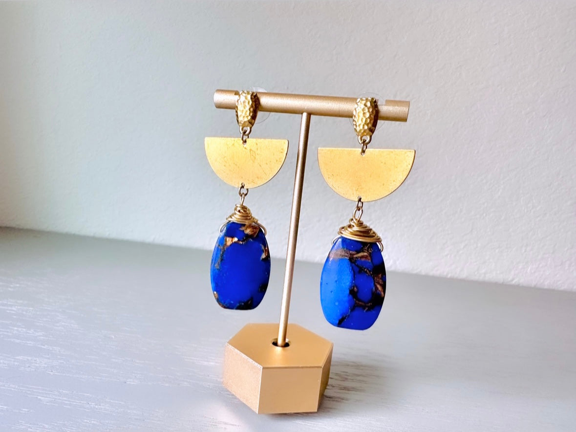 Lapis Lazuli Earrings, Handmade Wire Wrapped Gemstone + Raw Brass Earrings, Geometric Crescent Moon Jewelry, Blue Gemstone Bohemian Earring