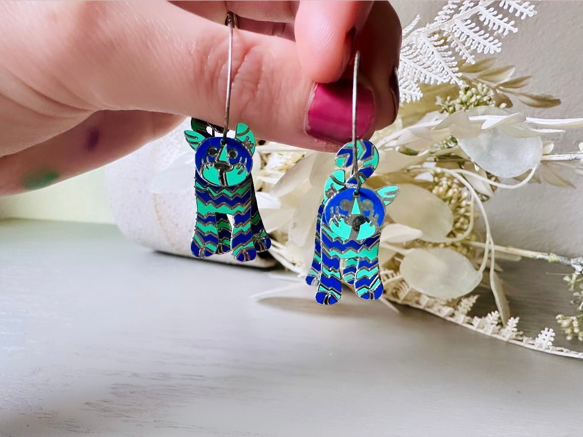 Blue Cat Earrings, Cute Playful Enamel Cat Earrings, Colorful Berebi Designer Articulated  Pierced Hoop Earrings, Funky Cool Feline Earrings