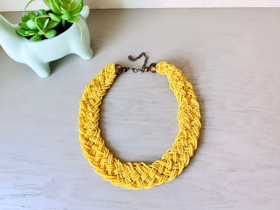 Bright Yellow Vintage Seed Bead Necklace, Yellow Statement Necklace, Braided Bead Necklace, Beaded Bib Necklace, Sunny Yellow Braid Necklace