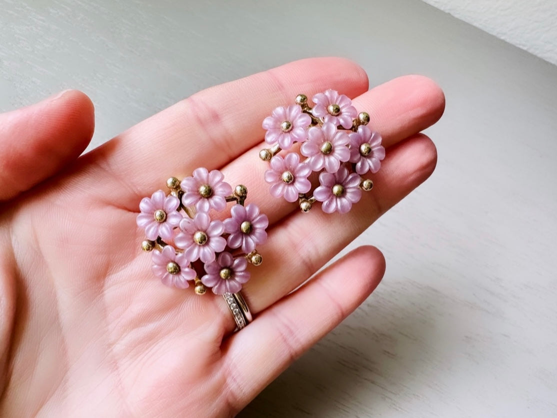 Vintage Flower Earrings, Lilac Purple and Gold Floral Earrings, Cute 1950s Flower Clusters, Clip On Cottage Chic Earrings
