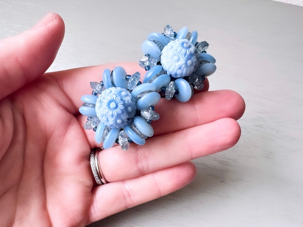 Unique Blue Beaded Cluster Earrings, Made in Germany Textured Faceted Acrylic & Glass Vintage Earrings, Stunning Ice 1960s Clip On Earrings