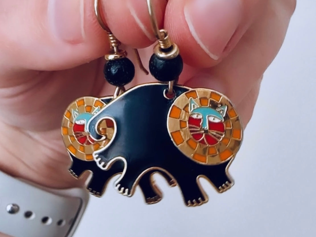 Laurel Burch "Bartholomew" Earrings, Gold Plated Cloisonné 1980s Vintage Earrings, Black Gold Enamel Lion Earrings