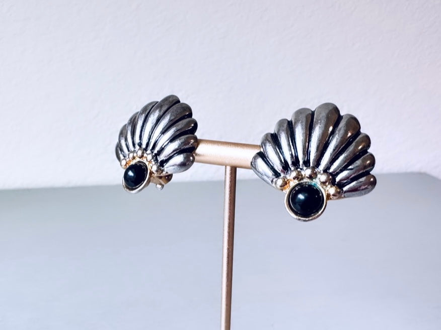 Art Deco Fan Earrings with Black Onyx and Gold Accents, Vintage Clip On Earrings, Silver Black and Gold Unique Vintage Earrings