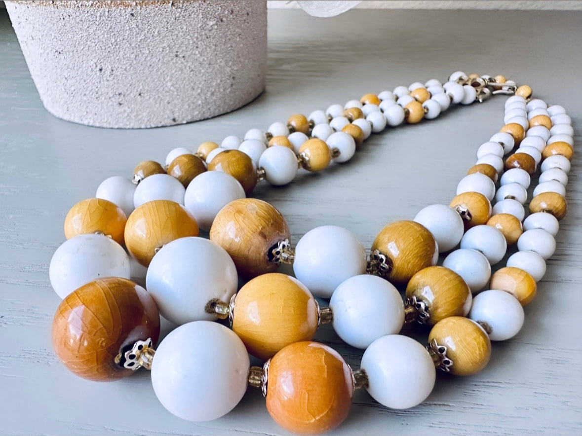 Vintage Triple Strand Beaded Necklace, 1970s Wood and White Acrylic Bead Necklace, Unique Bohemian Statement Necklace 14"-17" ,