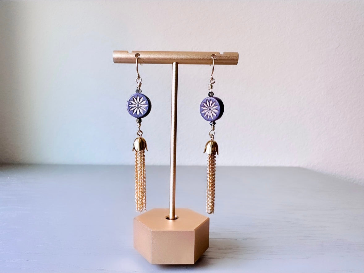 Starburst Tassel Earrings, Handcrafted Lilac Crystal and Gold Fringe Dangle Earrings, Wire Wrapped Boho Earrings, Geometric Charm Earrings