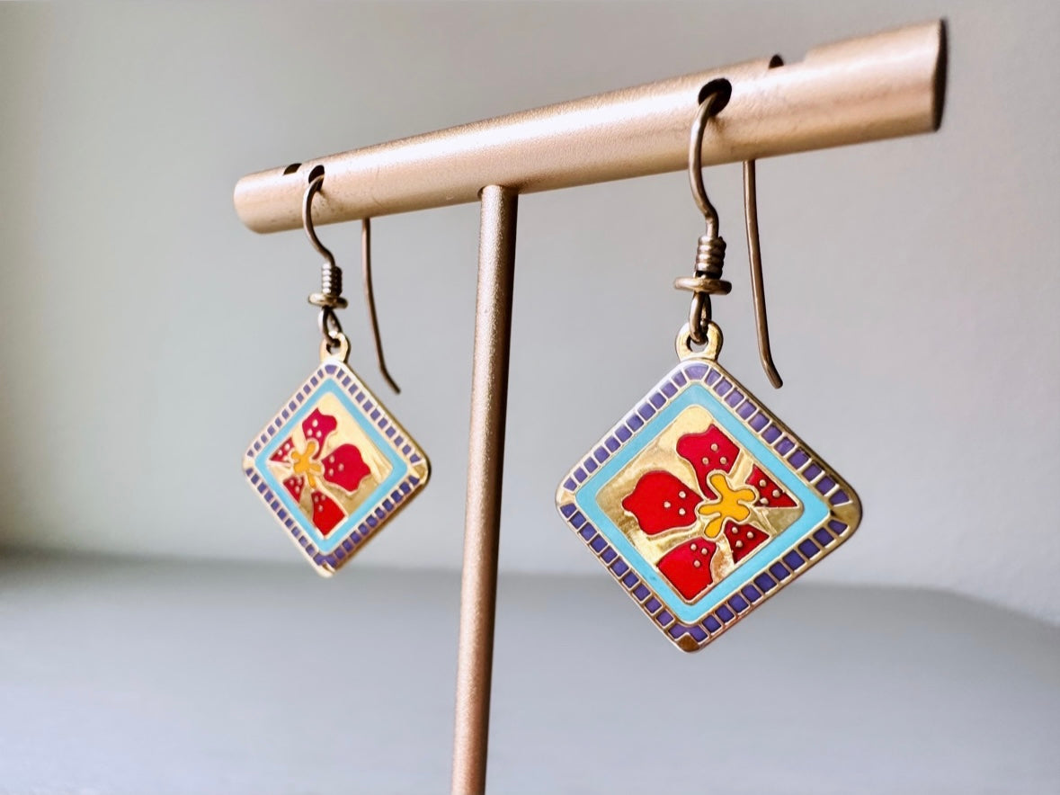 Laurel Burch "Jasmine for Jodi" Earrings, Gold Plated Cloisonné 1980s Vintage Earrings, Colorful Red Flower Gold Enamel Collectors Earrings