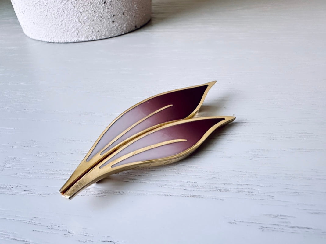 Plum Leaf Brooch, Vintage Fall Accessories, Boho Autumn Brooch, Deep Purple Cream and Antique Gold Pin, Rustic Woodland Accessories