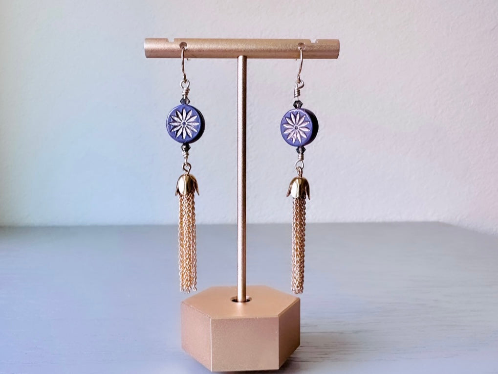 Starburst Tassel Earrings, Handcrafted Lilac Crystal and Gold Fringe Dangle Earrings, Wire Wrapped Boho Earrings, Geometric Charm Earrings