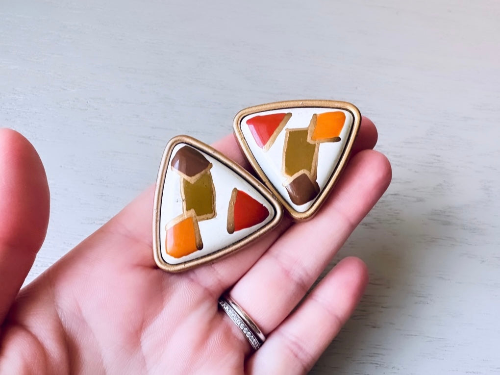 Gold White Red Orange 1980s Triangle Earrings, Oversized Acrylic Pierced Earrings, Fun 80s Vintage Earrings