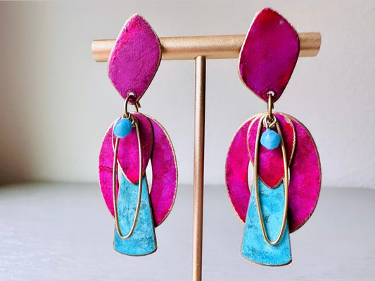 Magenta and Blue Vintage 1980s Distressed Geometric Earrings, Pierced Post Earrings, Unique Statement Earrings, Hot Pink Sky Blue