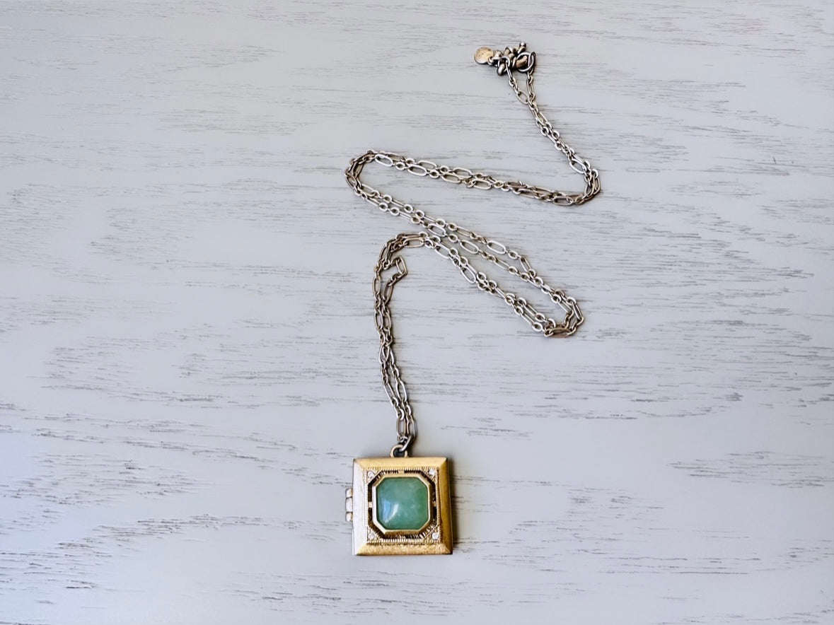 Vintage Locket Necklace 29", Gold Square Locket With Green Aventurine Stone and Diamond Rhinestones