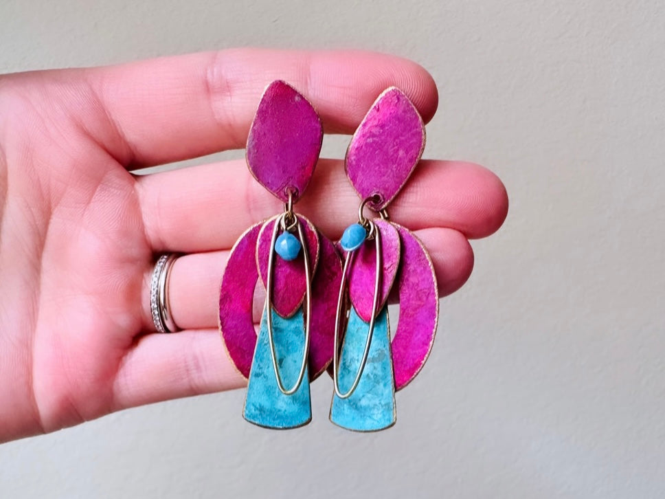 Magenta and Blue Vintage 1980s Distressed Geometric Earrings, Pierced Post Earrings, Unique Statement Earrings, Hot Pink Sky Blue