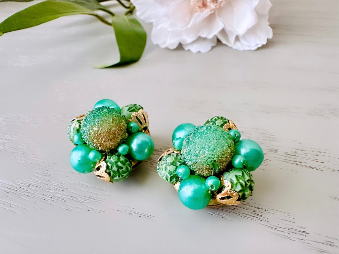 Beaded Mermaid Earrings, Green Vintage Cluster Earrings, 1950's Gold and Glass Clip On Earrings, Beautiful Unique Hong Kong Vintage Earrings at Piggle and Pop