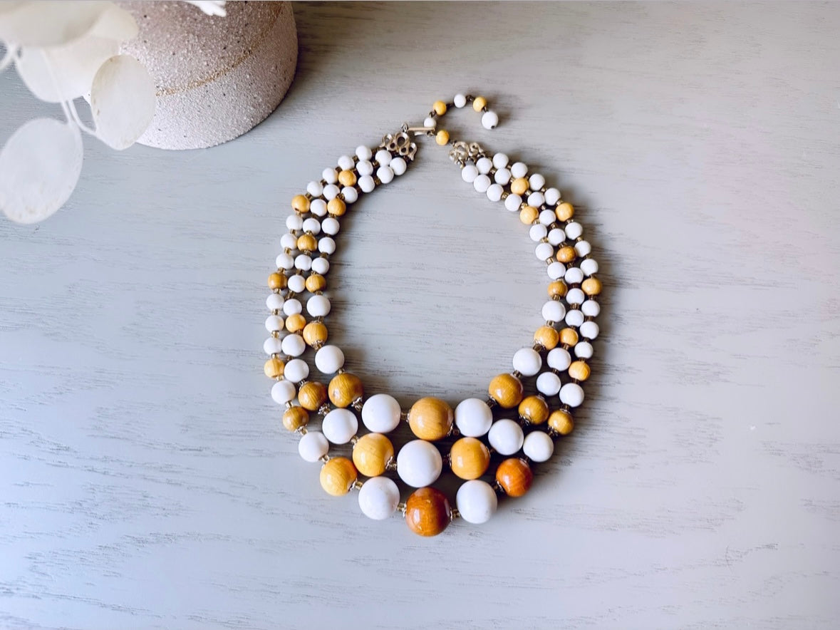 Vintage Triple Strand Beaded Necklace, 1970s Wood and White Acrylic Bead Necklace, Unique Bohemian Statement Necklace 14"-17" ,