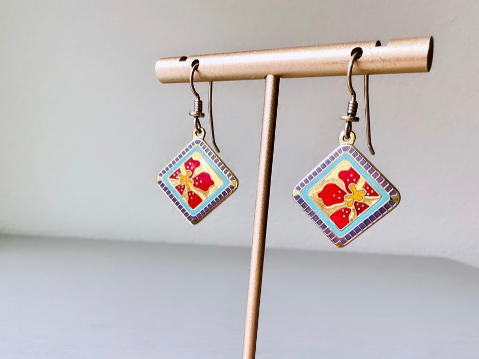 Laurel Burch "Jasmine for Jodi" Earrings, Gold Plated Cloisonné 1980s Vintage Earrings, Colorful Red Flower Gold Enamel Collectors Earrings