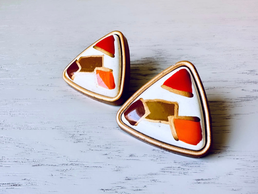 Gold White Red Orange 1980s Triangle Earrings, Oversized Acrylic Pierced Earrings, Fun 80s Vintage Earrings