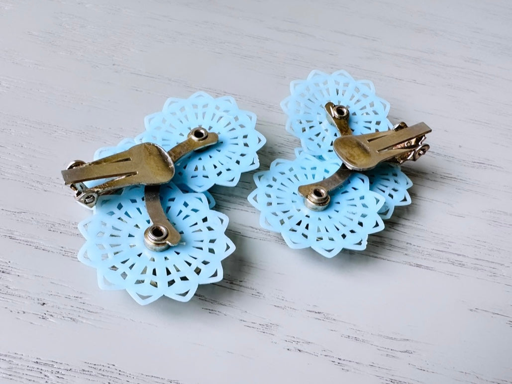 Vintage Blue Celluloid Climber Earrings, Light Blue Plastic Flower Earring with Rhinestone Accents, Dramatic Floral Vintage Clip On Earrings