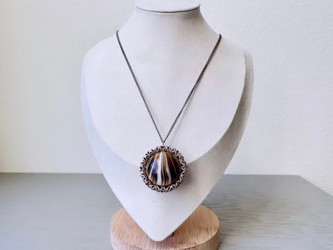 Rare Banded Agate Sphere Locket Necklace, Locket Ball Pendant Necklace, Vintage Gemstone Round Locket, Unique Vintage Ball Locket