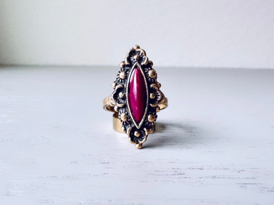 Vintage Magenta Sarah Coventry Ring, Ornate Gold Ring with Deep Pink Marquis Stone Cabochon Ring, Interesting Vintage Adjustable Ring