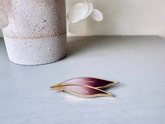 Plum Leaf Brooch, Vintage Fall Accessories, Boho Autumn Brooch, Deep Purple Cream and Antique Gold Pin, Rustic Woodland Accessories