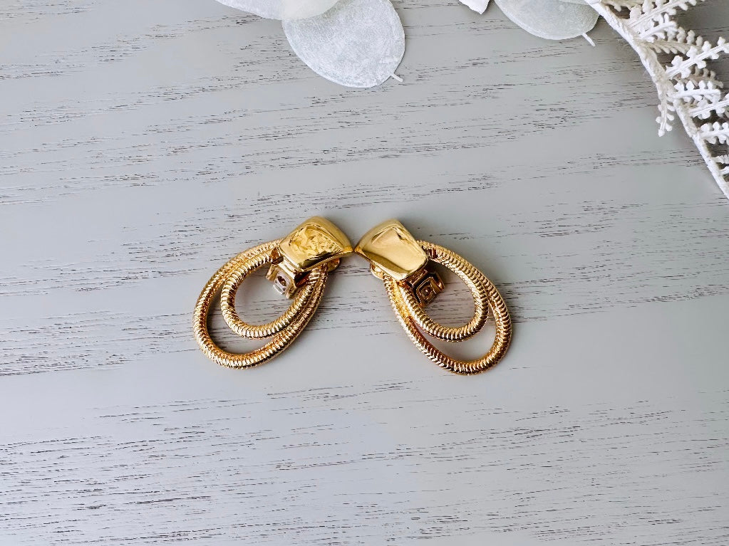 Big Gold Earrings, Gold 1980s Clip On Earrings, Mob Wife Aesthetic, Oversized Dramatic Double Loop Doorknocker Style Earring, 80s Retro Chic at Piggle and Pop 