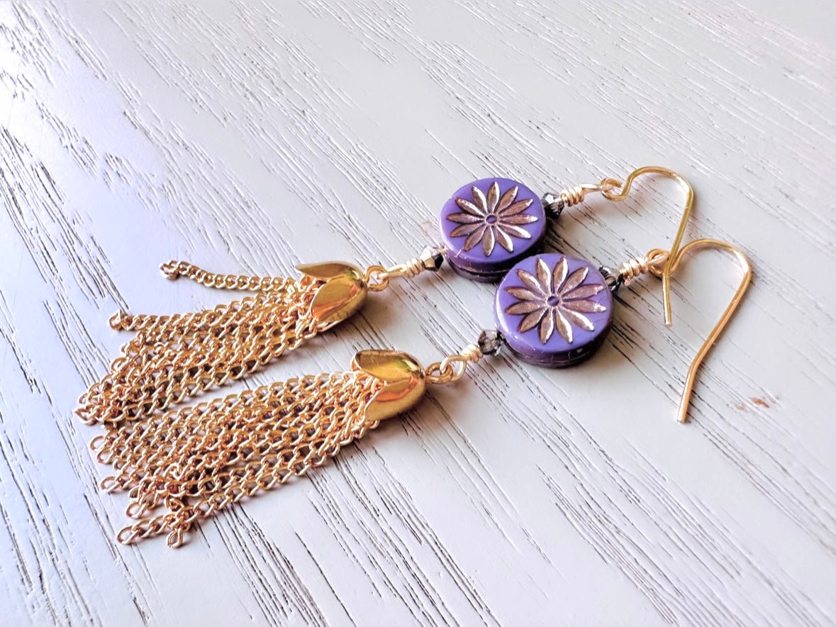 Starburst Tassel Earrings, Handcrafted Lilac Crystal and Gold Fringe Dangle Earrings, Wire Wrapped Boho Earrings, Geometric Charm Earrings