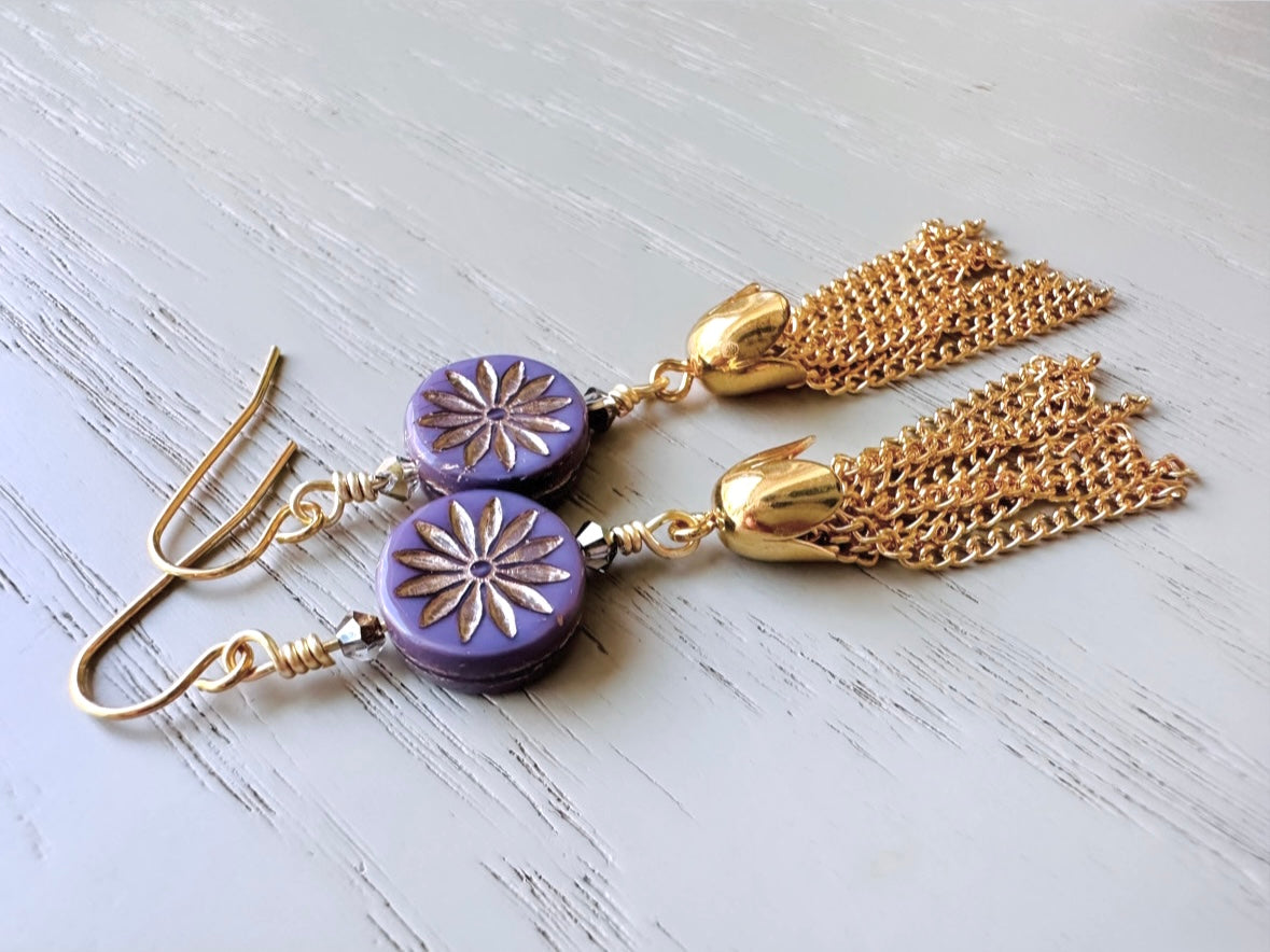 Starburst Tassel Earrings, Handcrafted Lilac Crystal and Gold Fringe Dangle Earrings, Wire Wrapped Boho Earrings, Geometric Charm Earrings