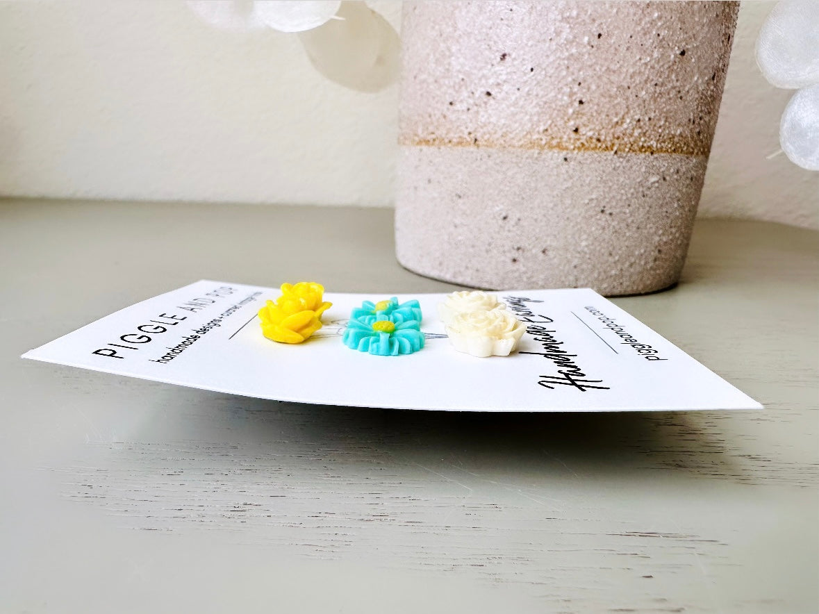 Mint + Yellow Flower Stud Earring Set, Floral Post Earrings, Mint Gerber Daisy Earrings, Yellow Rose Earrings, Hypoallergenic Posts + Backs handmade by Piggle and Pop