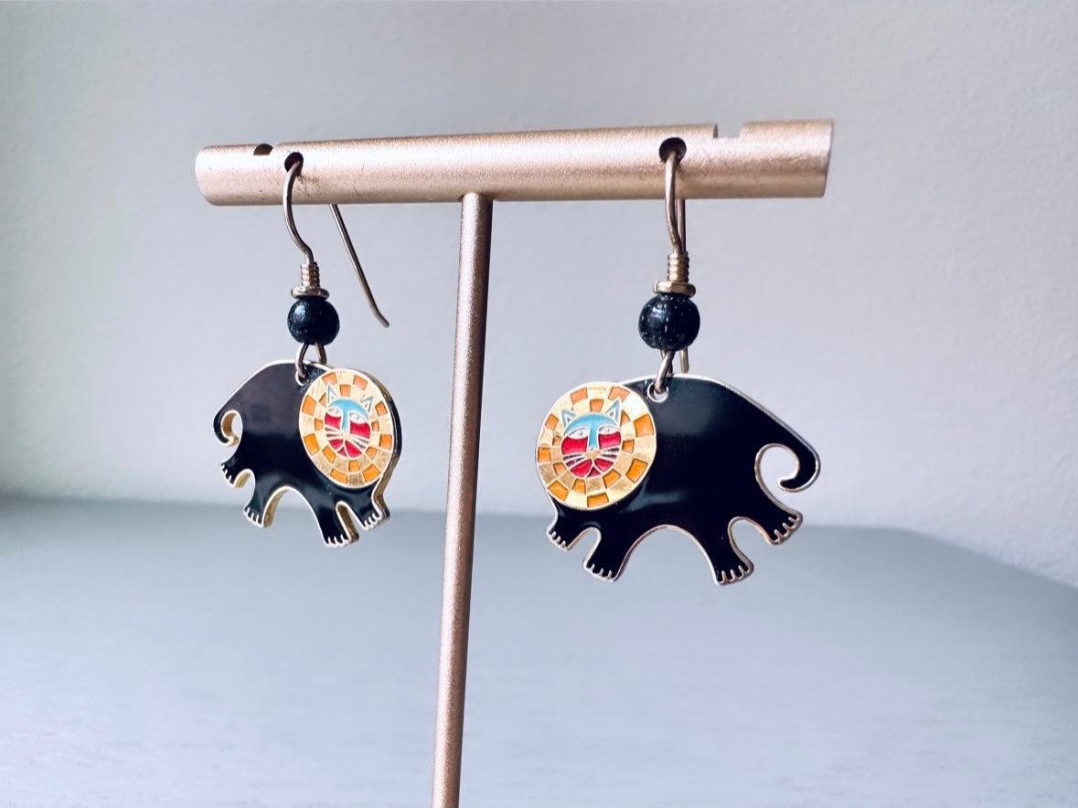 Laurel Burch "Bartholomew" Earrings, Gold Plated Cloisonné 1980s Vintage Earrings, Black Gold Enamel Lion Earrings