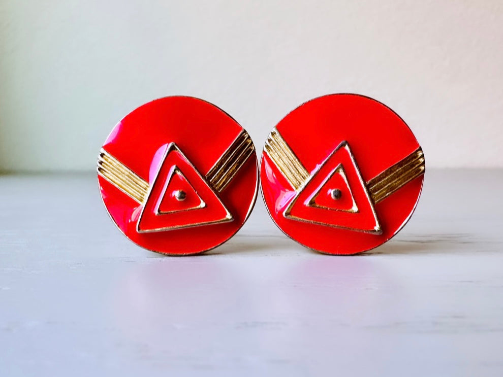 Red and Gold Retro Earrings, 1980s Vintage Earrings, Geometric Red Enamel Clip On Earrings, Funky Fun 80s Round Earrings