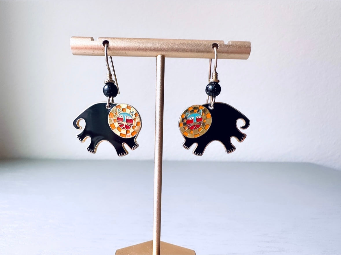 Laurel Burch "Bartholomew" Earrings, Gold Plated Cloisonné 1980s Vintage Earrings, Black Gold Enamel Lion Earrings