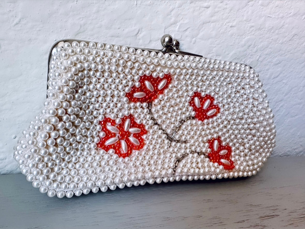 Beaded 1950's Small Vintage Coin Purse Wallet, Cream Pearls Orange Red Seed Beads, Floral Double Sided Small Purse Pouch, Small Bridal Clutch