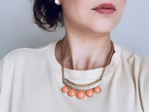 Peach and Gold Geometric Bib Necklace, Hollow Gold Cut Out Necklace with Peachy Faceted Gem, Metallic Geometric Vintage Necklace