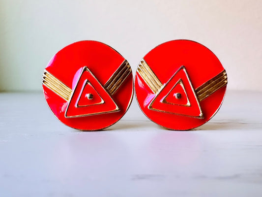 Red and Gold Retro Earrings, 1980s Vintage Earrings, Geometric Red Enamel Clip On Earrings, Funky Fun 80s Round Earrings