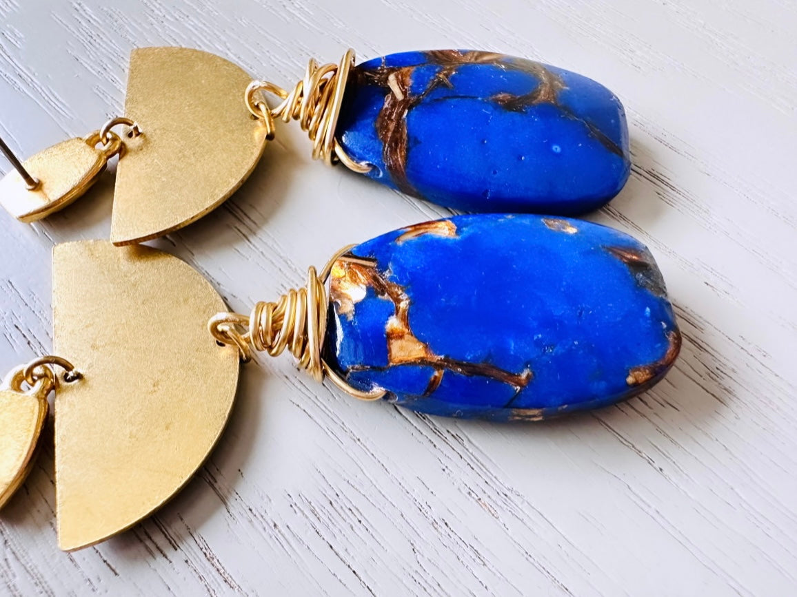 Lapis Lazuli Earrings, Handmade Wire Wrapped Gemstone + Raw Brass Earrings, Geometric Crescent Moon Jewelry, Blue Gemstone Bohemian Earring