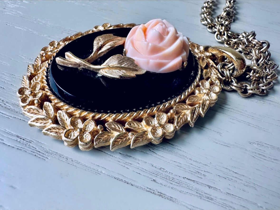 Mirrored Rose Pendant Necklace, Signed Serena Rose Vintage 1973 Avon Mirrored Pendant Necklace, Victorian Revival Jewelry from Piggle and Pop